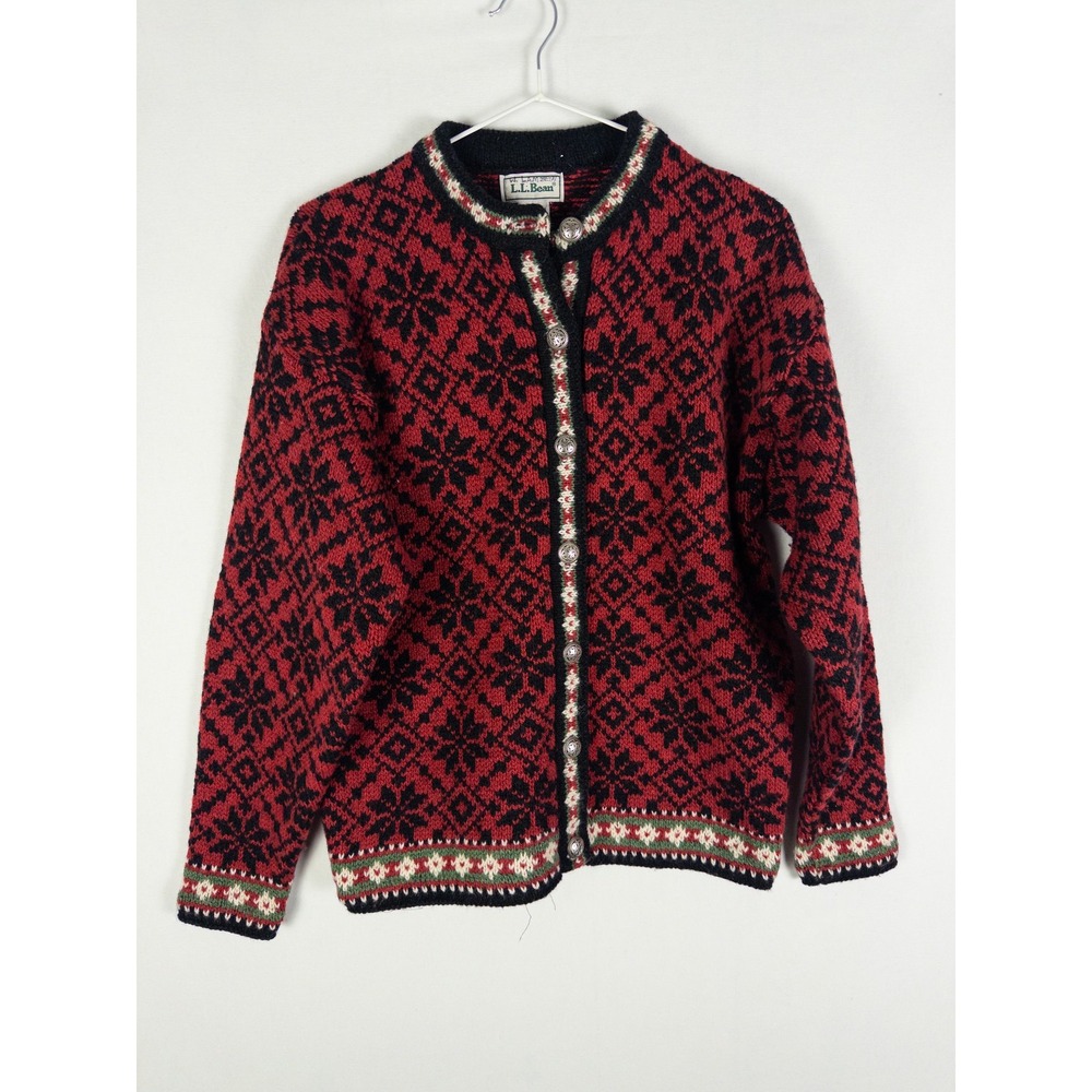 Vintage LL Bean Wool Fair Isle Norwegian Cardigan Sweater Womens S Red Cottageco